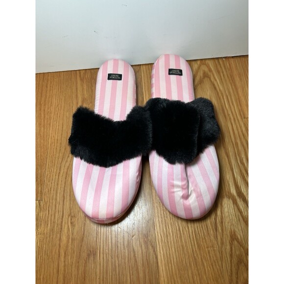 Victoria’s Secret Signature SATIN SLIPPERS Pink White Size Large 9-10 NEW - Picture 1 of 5